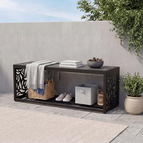 47" Outdoor Storage Bench, HDPE Seat, Steel Frame, Leaf - style: Willow leaves