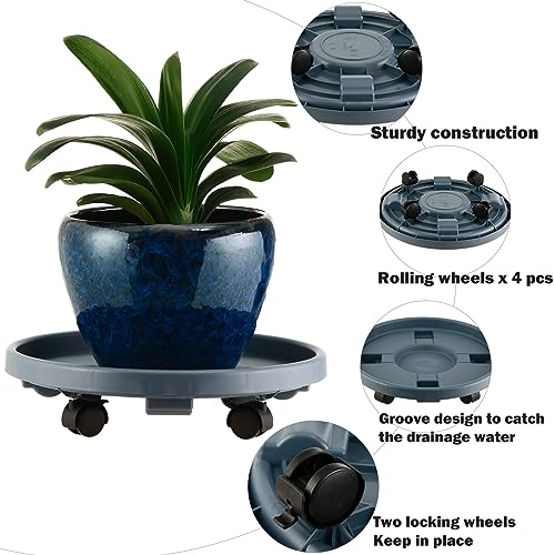 5 Packs Large Plant Caddy with Wheels 13" Rolling Wheeled Plant Stands Heavy-Duty Plastic Flower Pot Roller Base Movers Indoor Outdoor Planter Dolly with Casters Trolley, Grey - color: Gray