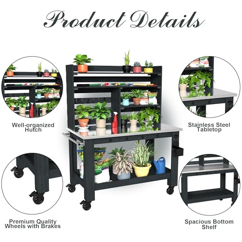 GDLF Large Potting Bench Table, Outdoor Kitchen Island with Stainless Top