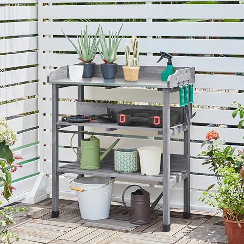 Yaheetech Potting Bench Outdoor Console Table w/3-Tier Storage,Gray - color: Gray