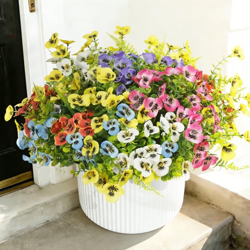 Artificial Pansies for Outdoors UV Resistant, 36pcs Fake Pansy Flowers Realistic, Yellow Pansy Flowers for Outdoor Planters, Colorful Faux Pansies Plants for Garden Outside Patio Porch Window Decor - color: Multi Color(mixed 6 Colors), size: 36 pcs