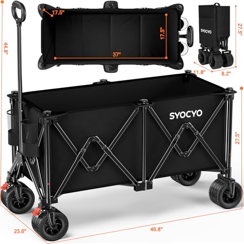 Beach Wagon Carts Foldable 570LBS Collapsible Wagon with Big All-Terrain Wheels for Sand 330L Heavy Duty Utility Carts with Cup Holders for Garden, Camping, Grocery, Black