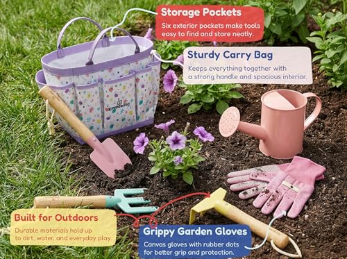 Kinderific Gardening Set, Tool Kit, for Kids, STEM, Includes Tote Bag, Spade, Watering Can, Rake, Fork, Trowel and Gloves, Egg Hunt - color: Egg Hunt