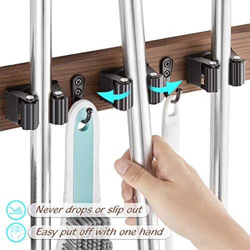 OUTNILI 2 Pack Mop Broom Holder Wall Mount - Wood Broom Mop Hanger - Wall Mounted Garden Tool Rack Organizer for Closet Garage Laundry Room Farmhouse Rustic Kitchen Decor With 4 Slots & 4 Hooks - color: Brown-4 Grips, size: 2 Pack