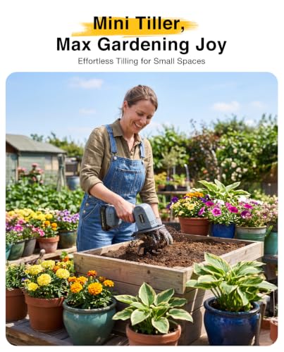 Mini Cordless Tiller Cultivator, 20V Electric Rototiller for Gardening, Lightweight 2.6 lbs Handheld Garden Tiller with 2×2.0Ah Battery, 4" Width×4" Depth, for Raised Beds, Lawn, Flower Beds & Weeding - size: 4inch x 4inch