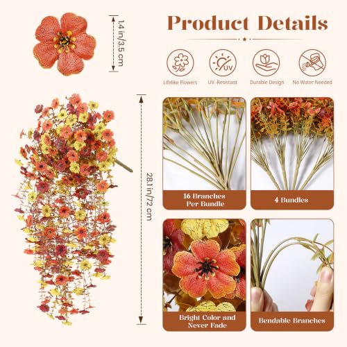 4Pcs Artificial Fall Flowers for Outdoor, Fake Mums UV Resistant Decoration - color: Orange Yellow Brown