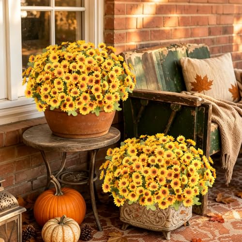 Fake Mums Artificial Fall Flowers for Outdoors Silk Daisy Bulk - color: Yellow