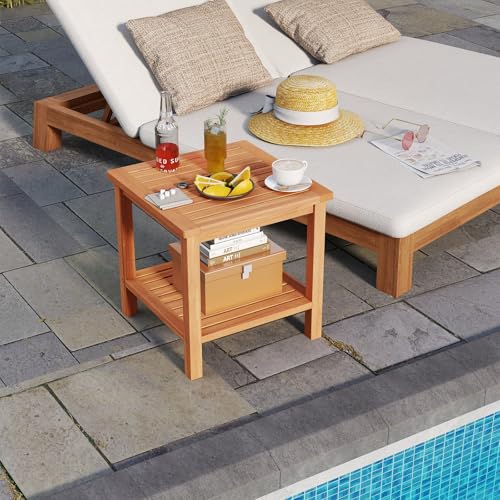 HAPPYGRILL Acacia Wood Outdoor Side Table, 2-Tier Indoor End Table with Spacious Tabletop and Slatted Storage Rack, Square Wood Table for Poolside, Living Room, Porch, Balcony and Garden (1) - size: 18x18x18-B