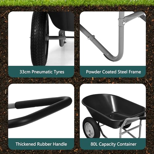 Moccha 2-Tire Wheelbarrow, Garden Wagon w/Two 13” Pneumatic Tires, Heavy Duty Yard Cart, Easy Loading and Dumping Garden Cart for Lawn Construction Sites, Utility Wheel Barrel (Black) - color: Black