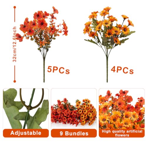 9 Bundles Artificial Mums for Outdoors Fake Fall Flowers Silk Daisy Floral - color: Double Fall