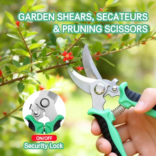 3PCS Garden Pruning Shears Set - Heavy Duty Bypass Pruners, Sharp Stainless Steel Gardening Scissors with Ergonomic Handle, Secateurs for Plants, Flowers, Fruit Trees, Bush Trimming (Green) - color: Green
