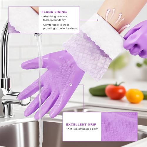 Elgood Reusable Long Sleeve Dishwashing Cleaning Gloves with Latex Free,Cotton Lining,Kitchen Gloves 2 Pairs,Purple+Blue L - color: Long-purple+blue, size: Large (Pack of 2)