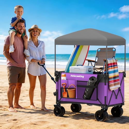 Collapsible Canopy Wagon Cart, All-Terrain Big Wheels, Purple - color: Purple