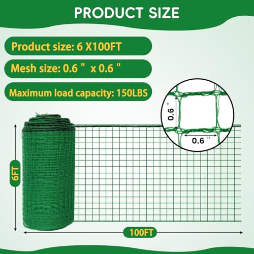 Plastic Mesh Fencing 6FT x 100FT, Garden Bird Netting & Deer Fence, Temporary Animal Barrier for Deer Pets Rabbits Chickens Wildlife, Green Protective Netting for Plants Fruit Vegetables - size: 6x100 FT