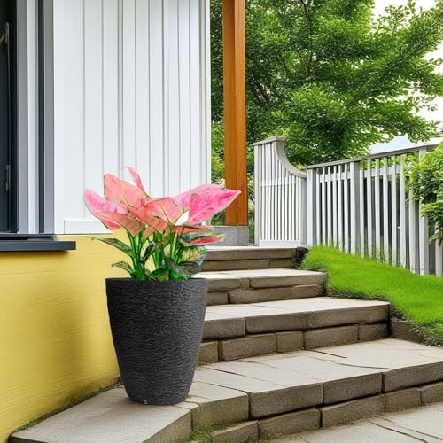 10 Inch Garden Planter Lightweight Indoor Outdoor Pots with Drainage Hole for Potted Plants Flowers Greenery, Set of 2, Black Grain Texture - color: Black Grain Texture