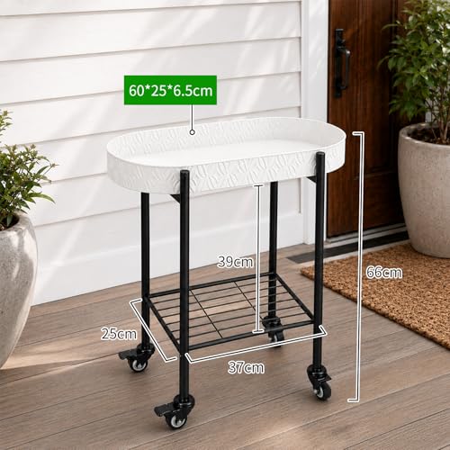 Growsun Metal Rolling Succulent Plant Stand with Drainage Holes, Nursery Pots, Wheels, and Lower Storage Shelf, Indoor Outdoor Plant Cart (White, Small) - color: White, size: Small