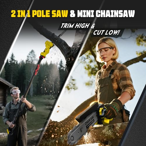 Brushless 2-IN-1 Cordless Pole Saw & Mini Chainsaw, 8 Inch Max Reach 16 Ft - color: Yellow, size: 8inch