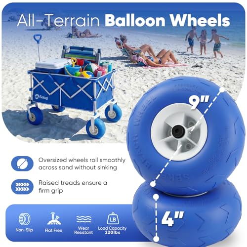 Sekey Heavy Duty Beach Wagon with 9" Big Sand-Proof Wheels – 600lb Capacity, 200L Oversized Foldable Cart | Adjustable Handle & All-Terrain Tires for Sand, Camping - color: Blue&white