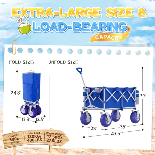 Beach Wagon with Big Wheels for Sand, 400lbs Heavy Duty Folding Wagon - color: Blue