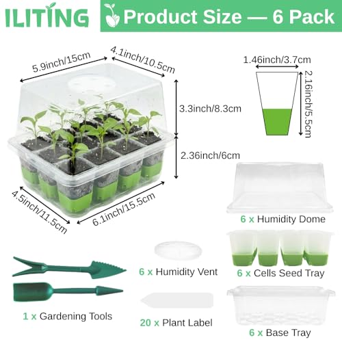 Seed Starter Kit 6 Pack, Reusable Silicone Seedling Starter Trays 72 Cells Seed Starter Tray, with Humidity Dome, Foldable Design for Easy Transplanting