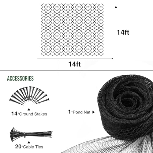 Pond Netting Cover for Leaves, 14 x 14 Koi Pond Net Cover, Durable & Sturdy Pond Netting for Koi Ponds, Protect Koi Fish Against Herons, Raccoons, Cats & Predators, 14pcs Stakes Included - size: 14 × 14 ft
