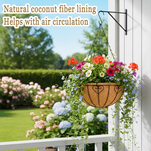 4 Pack Hanging Planters 14 Inch Metal Hanging Planter Basket Flower Pots with Coco Coir Liners Round Wire Plant Holder with Chain for Indoor Outdoor Patio Porch Garden Decoration(AX) - size: 14 Inch, style: Modern