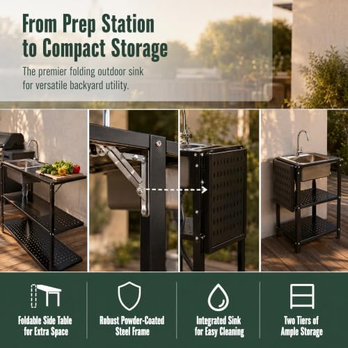 Outdoor stainless steel sink operating table with folding side table