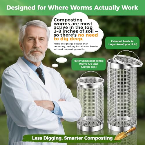 2 Pack Worm Composter Worm Bin, Stainless Steel Inground Compost Bin with Handle, Metal Worm Composting System for Kitchen Food Waste Recycling, Outdoor Garden Vermicomposting Bin w/Lid, Easy Install