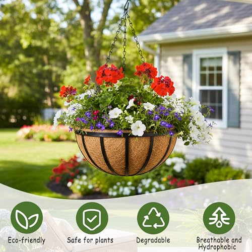 4pcs 14 inch Metal Hanging Baskets Round Wire Plant Stand with Coco Lining Cushion Decorative Planter Hanger Garden Indoor Outdoor Watering Hanging Basket (BT) - color: Bt, size: 14inch