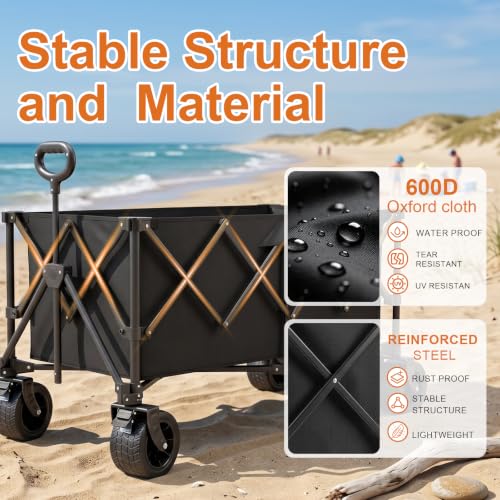 48.4" Extra Long Folding Wagon, 560 LBS Heavy Duty Collapsible Wagon Cart with 6.7" All-Terrain Wheels, 24.4" Wide Utility Wagon for Beach, Camping, Garden, Sports & Outdoor Gear