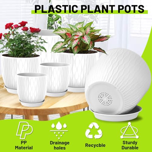 Plastic Plant Pots 10/9/8/7.5/7 inch Set of 5, Flower Planters with Drainage Holes and Saucers, Plastic Pots for Indoor Outdoor Plants, Livingroom Garden Decor (White) - color: White