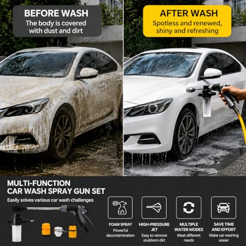 Aquoxis Spray Nozzle, High Pressure Washer Hose Nozzle Gun with Foam, 2 Universal Connectors, Fits Standard Garden Hoses for Car Washing.