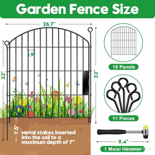 Decorative Garden Fence 32in (H) x22ft (L),Arched Metal No Dig - size: 10 Panels-32in(H) x 22ft(L) with Gate