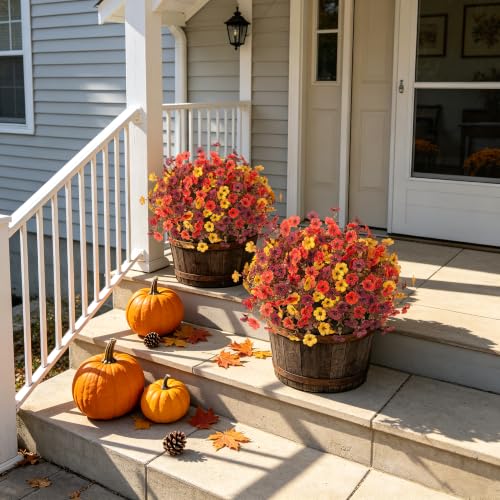 INXUGAO 24 Bundles Fall Artificial Mums Flowers for Outdoor Planters - color: Orange Brown Yellow