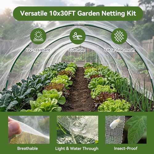 Garden Netting Kit for Raised Beds, 10x30FT Ultra Fine Mesh Netting& 6 Sets of 8FT Fiberglass Garden Hoops, Row Cover Insect Netting for Vegetable Plant Fruit Flowers Protection - color: White, size: 10x30FT