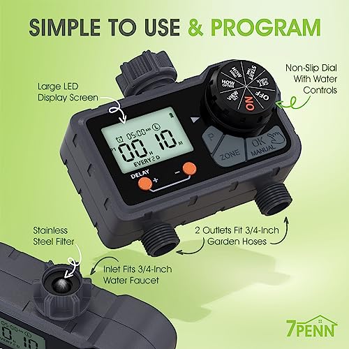 7Penn 2 Zone Water Timer - Programmable Outdoor Irrigation System - Black