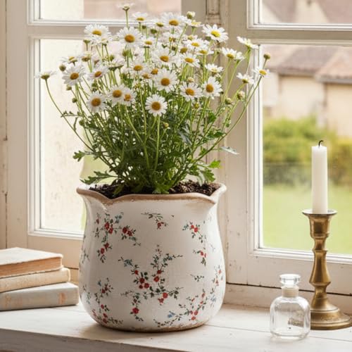 Ceramic Pots for Plants, French Country Flower Pot & Vase with Drainage - color: Small Red Blooms