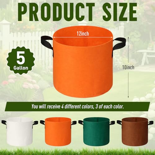 Sanwuta 12 Pack 5 Gallon Grow Bags, Thickened Nonwoven Fabric Pots with Sturdy Handles, Colorful Heavy Duty Plant Bags for Garden, Vegetables, Flowers Growing Containers (Brown, Green, White, Orange) - size: 5 Gallon