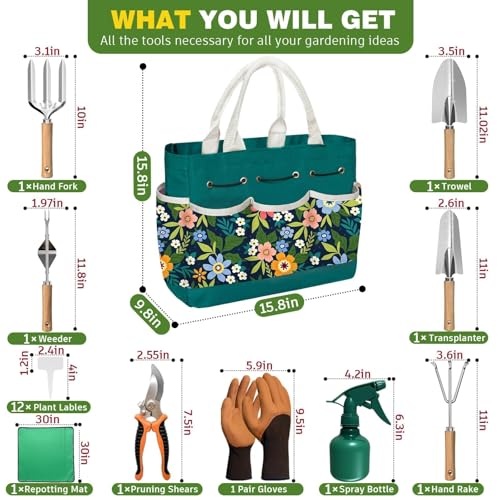 22Pcs Gardening Tools Set for Women Heavy Duty Garden Hand Tools Kit Birthday Gifts for Mom Wife Grandma Beginner Gardening Accessories with Tote Bag/Shovels/Repotting Mat/Plant Labels/Gloves - color: Dark Green