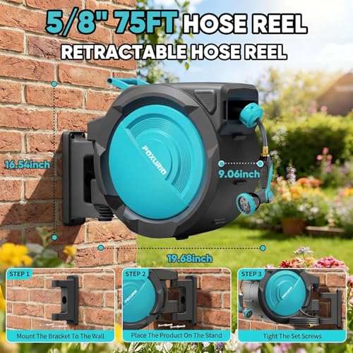 5/8" 75FT Retractable Garden Hose Reel - Heavy Duty Automatic Wall Mounted Hose Reel with 2026 Upgraded UV Resistant, 3/4" Brass Fitting, 10 Pattern Nozzle, 180° Swivel&Any Length Lock Slow Retraction - size: 75FT-5/8"