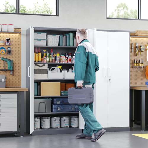 Letaya Metal Storage Cabinet with Lock Door, 71" Adjustable Shelf Steel Lockers for Office, Home,School,Garage Utility Tool Cabinet (2 Door-White&Gray) - color: Grey White, size: 71 X 32 X 16 In(H X W X D)