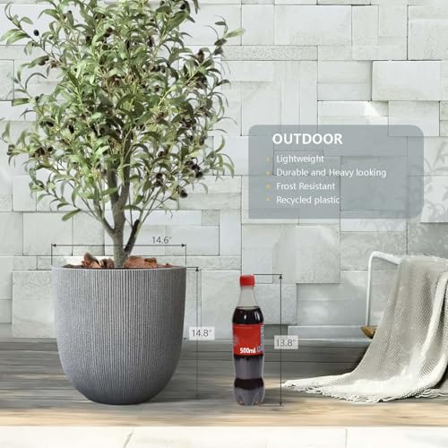 14.8"H Tall Tapered Ribbed Large Plastic Planter w/ Drainage Hole & Plug - color: Mediterranean Gray., size: 14.8in