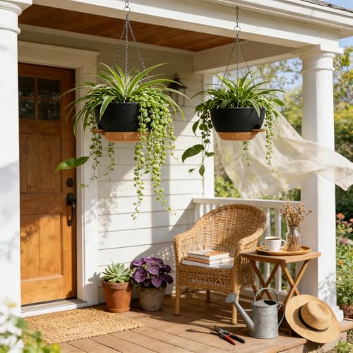 UOUZ 13 Inch 2 Pack Large Self Watering Hanging Planters for Indoor Outdoor Plants, Hanging Plant Pots with Removable 50 Oz Reservoir, Plastic Hanging Basket for Window Porch Garden, Black with Brown - color: Black With Brown