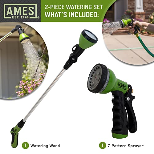 AMES (2) Piece Water Sprayer Set with (1) 7-Pattern Nozzle and (1) Rotating Watering Wand, High Pressure, Heavy Duty, Adjustable, Soft Grip, For Lawn and Garden, Green/Black - style: Sprayer & Watering Wand Set