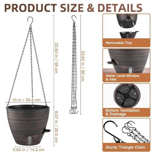 ZMTECH 10 Inch Self Watering Hanging Planters for Indoor Plants, Bronze Hanging Baskets for Outdoor, Water Level Indicator & Removable Reservoir for Garden Porch Home Decor(2 Pack) - color: Bronze-10"×2, size: 10 Inch - 2 Pack