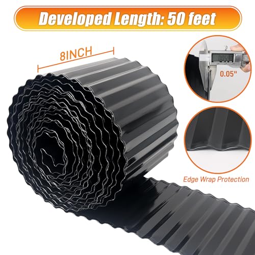 Quibbay Corrugated Metal Garden Edging, 8"×50Ft Landscape Edging Border for DIY Lawn, Flower Bed and Garden Fence, Metal Garden Edging for Landscaping, Yard and Tree Surrounds Borders, Black - color: Black, size: 8 Inch × 50FT