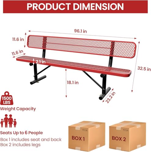 8 Feet Steel Park Bench for Outside, Outdoor Bench with Backrest & Portable Frame, Commercial Benches for Shopping Malls, Stores, Parks, Patios, Decks, Red - color: Red, size: 8 FT