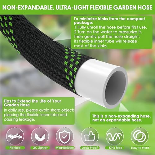 100ft Non-Expanding Garden Hose, 3/4" GHT Kink-Free Water Hose with 10 Function Nozzle, Flexible Outdoor Hose for Yard, Garden, Car Washing - size: 100 FT