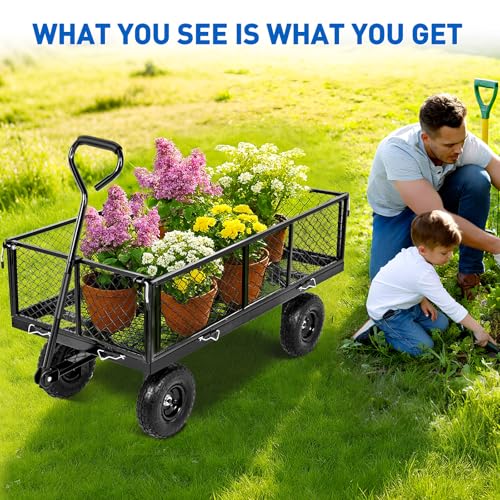 Yesker Steel Garden Carts - 1100lbs Dump Wagon with All Terrain Inflatable Wheels for Yard Lawn Farms Gardening - Heavy Duty Utility Outdoor Hauling Wheelbarrow - size: Steel 1100Lbs