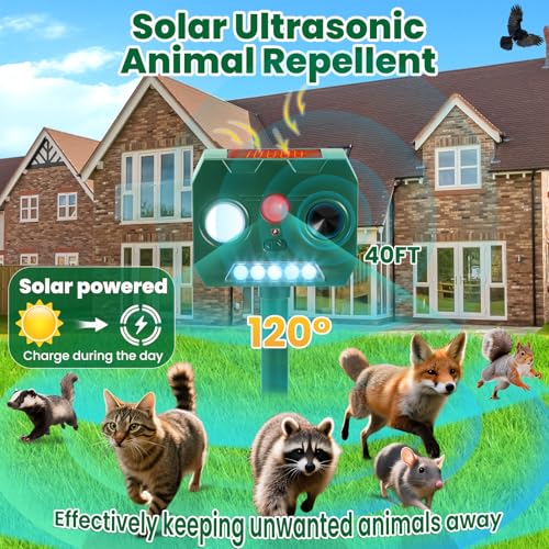 Solar Ultrasonic Animal Repellent Outdoor, 2 Pack Cat Squirrel Raccoon Bird Dog Deer Repellent Devices with PIR Motion Sensor & LED Flash, Waterproof Animal Deterrent for Garden Yard Farm